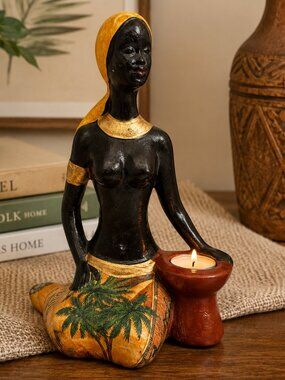 Vintage African Woman Figurine Candle Holder Palm Tree Folk Art Sculpture 8.75"